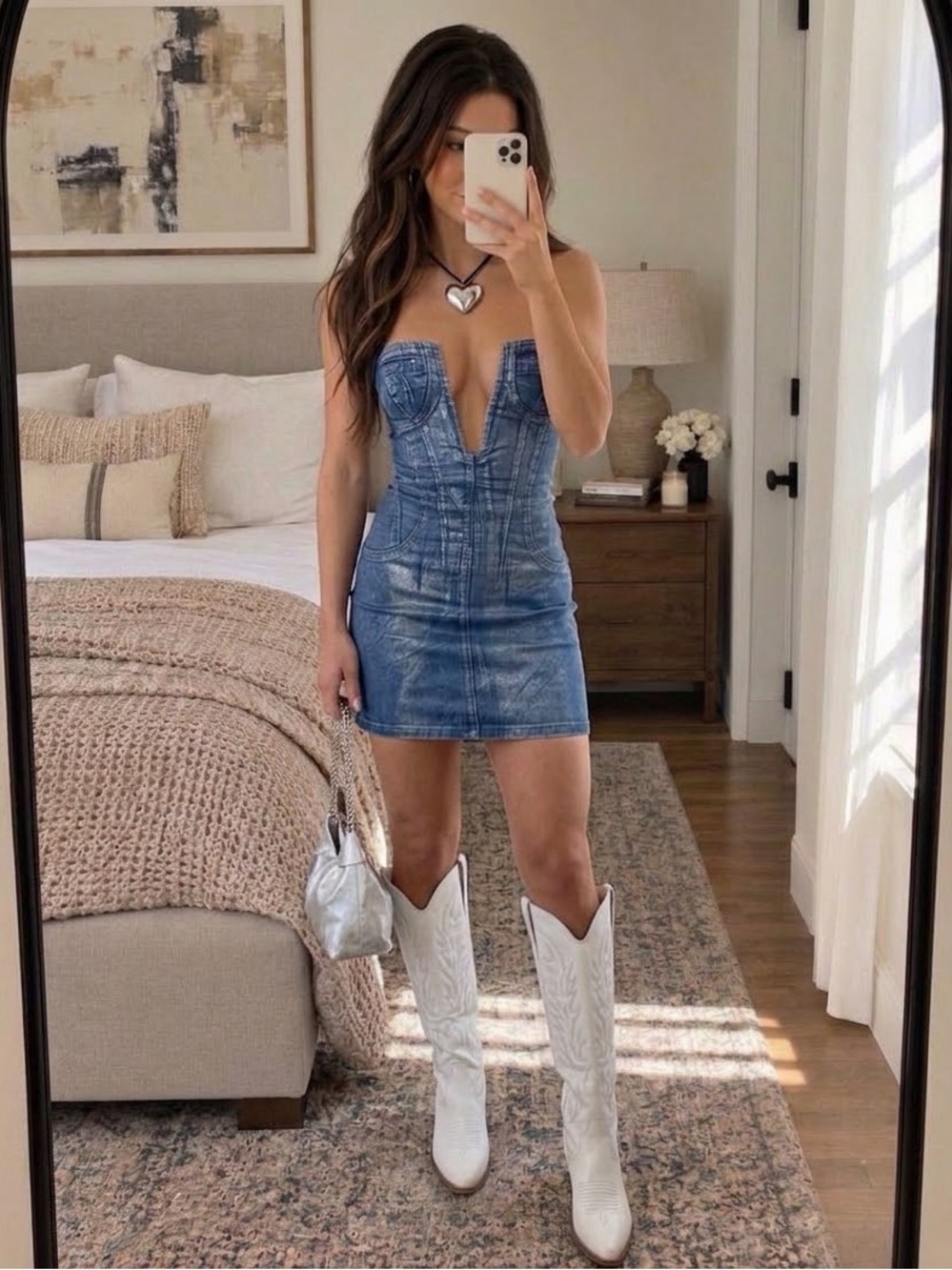 Denim V-Neck Strapless Mini Dress - Blue